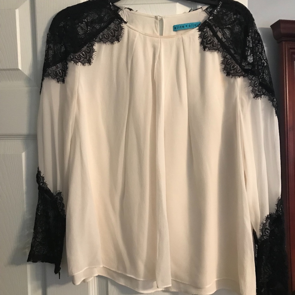 Alice + Olivia white silk top with black lace
